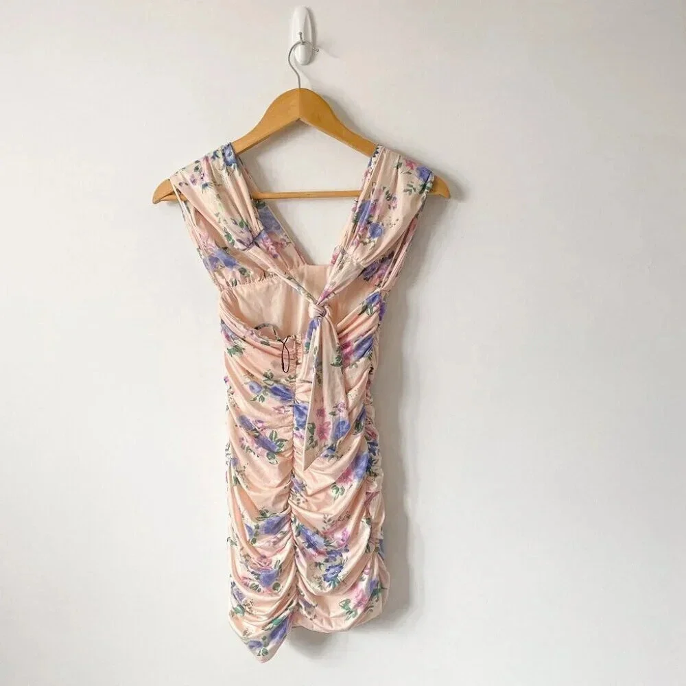 Zara Ruched Floral Halter Mini Dress Pink Purple NWOT Size Small